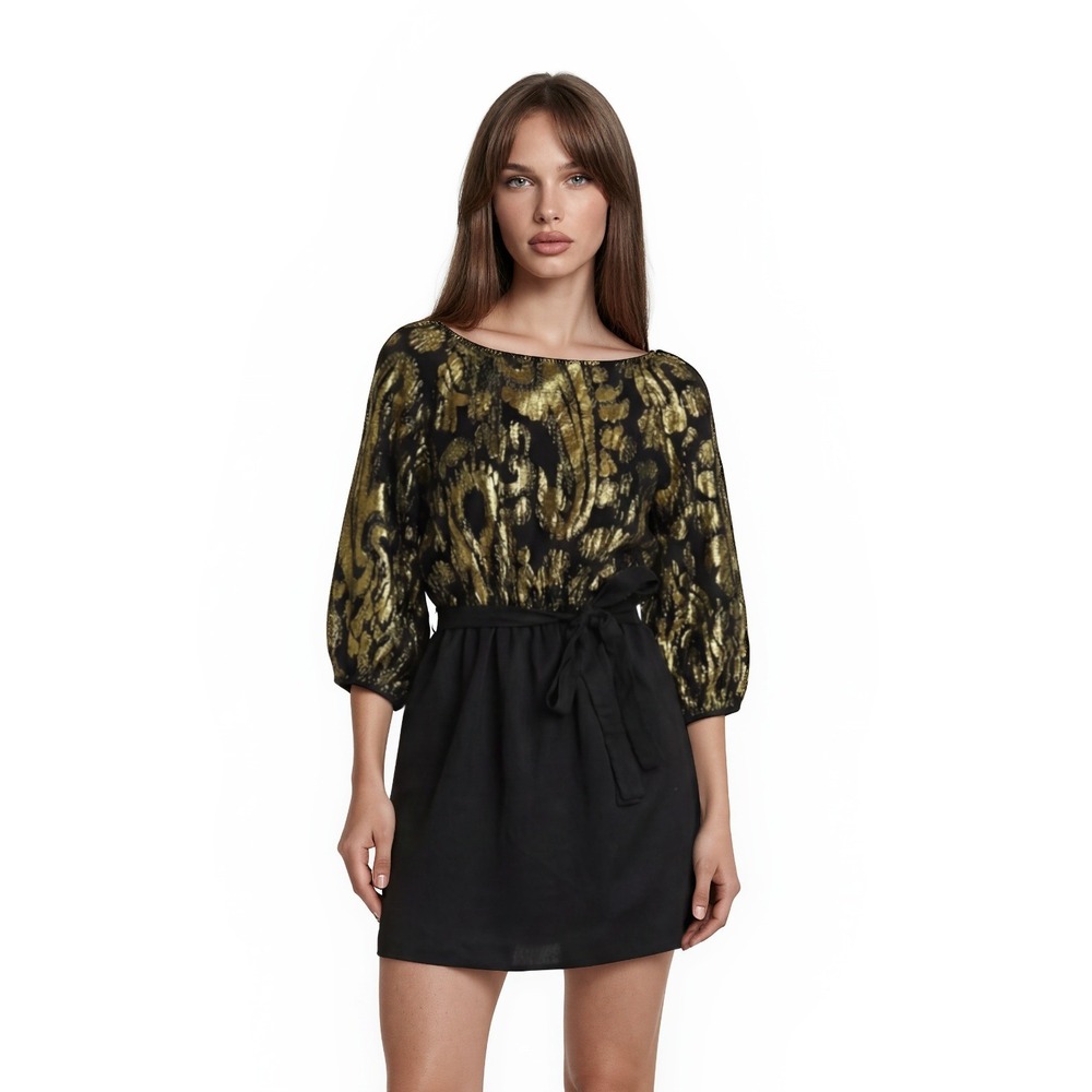 Gianni Bini Dress Women's Size Medium Black Gold Metallic Brocade Cocktail